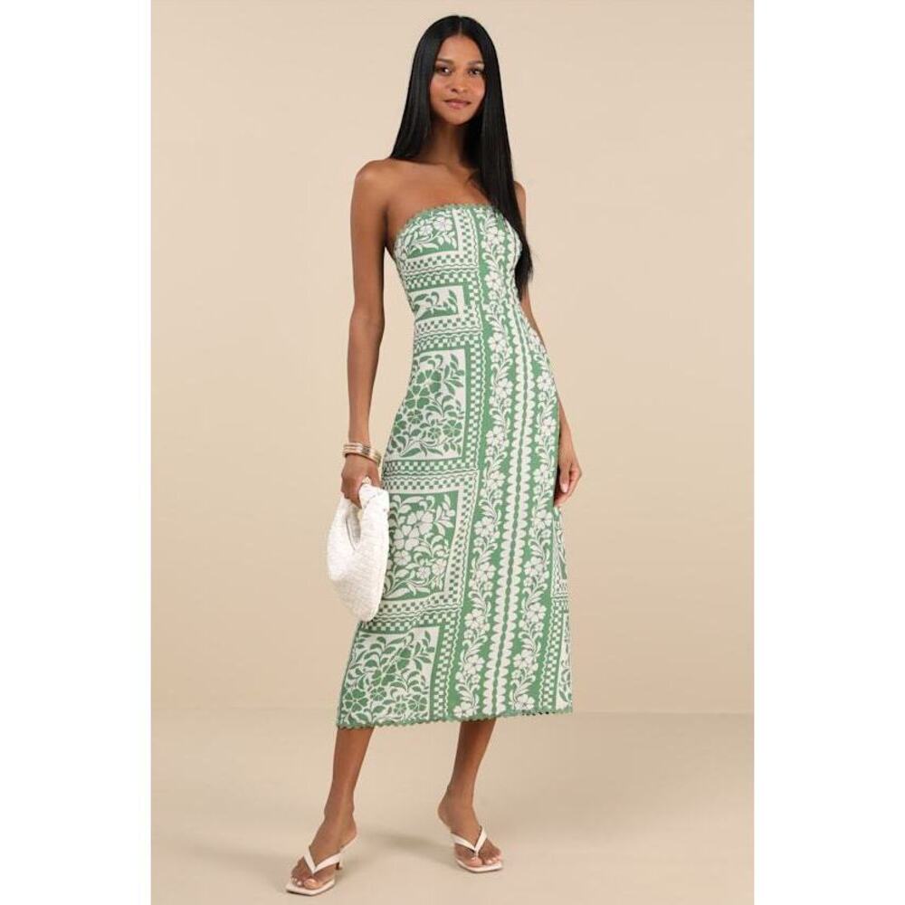 Lulus Brigita Green Floral Strapless Column Midi Dress - Size M